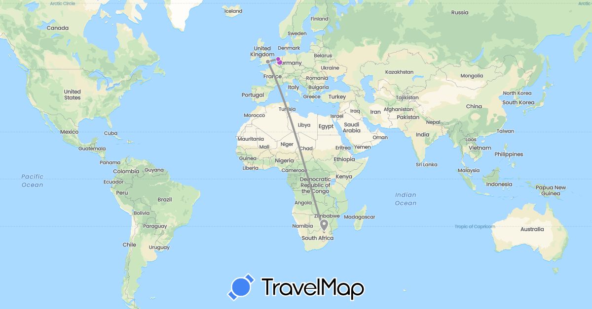 TravelMap itinerary: driving, plane, train in United Kingdom, Netherlands, South Africa (Africa, Europe)